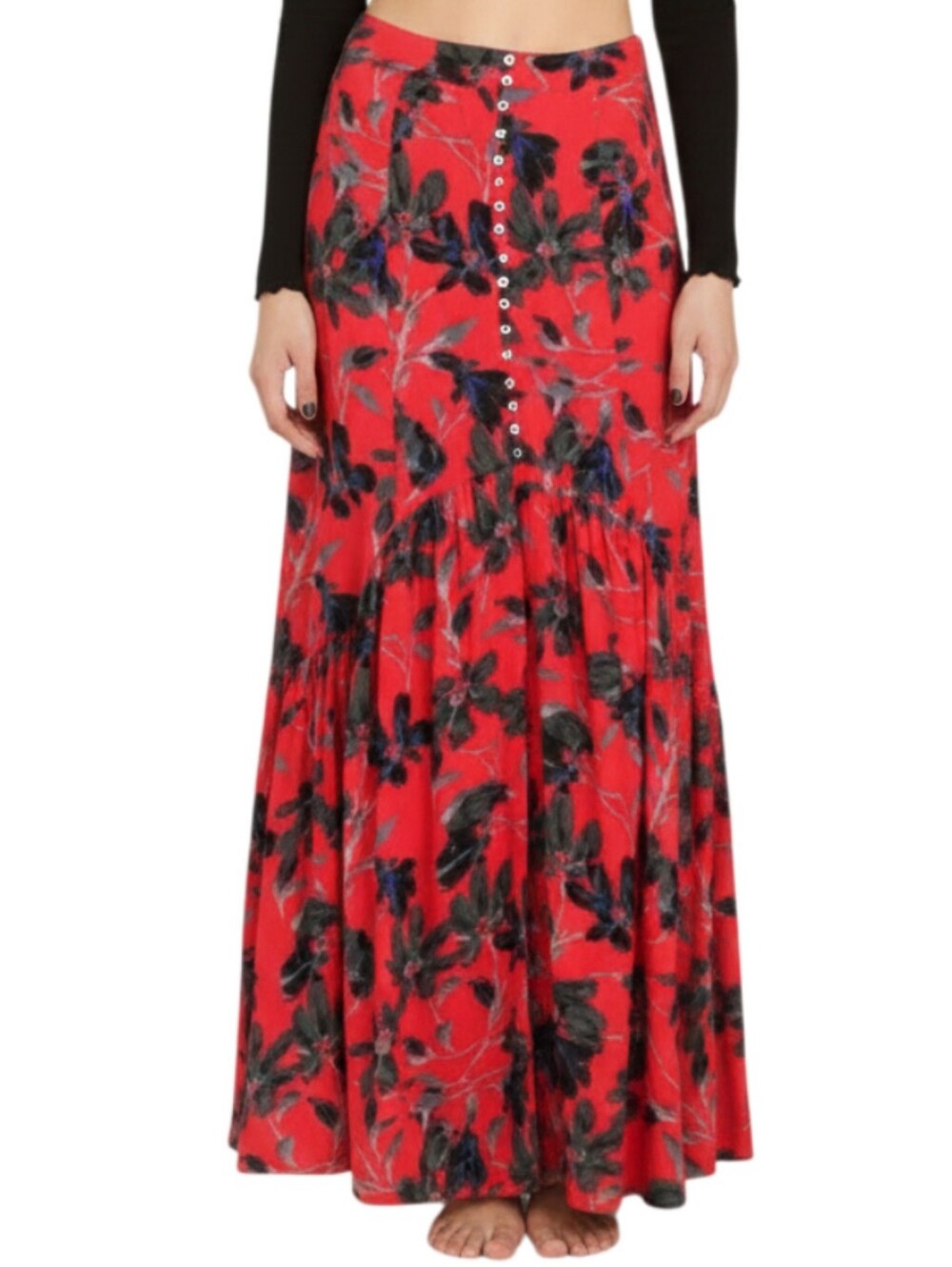 Free People Smooth Sailing Red Floral Maxi Skirt Size 4 Flowy Boho Whimsigoth